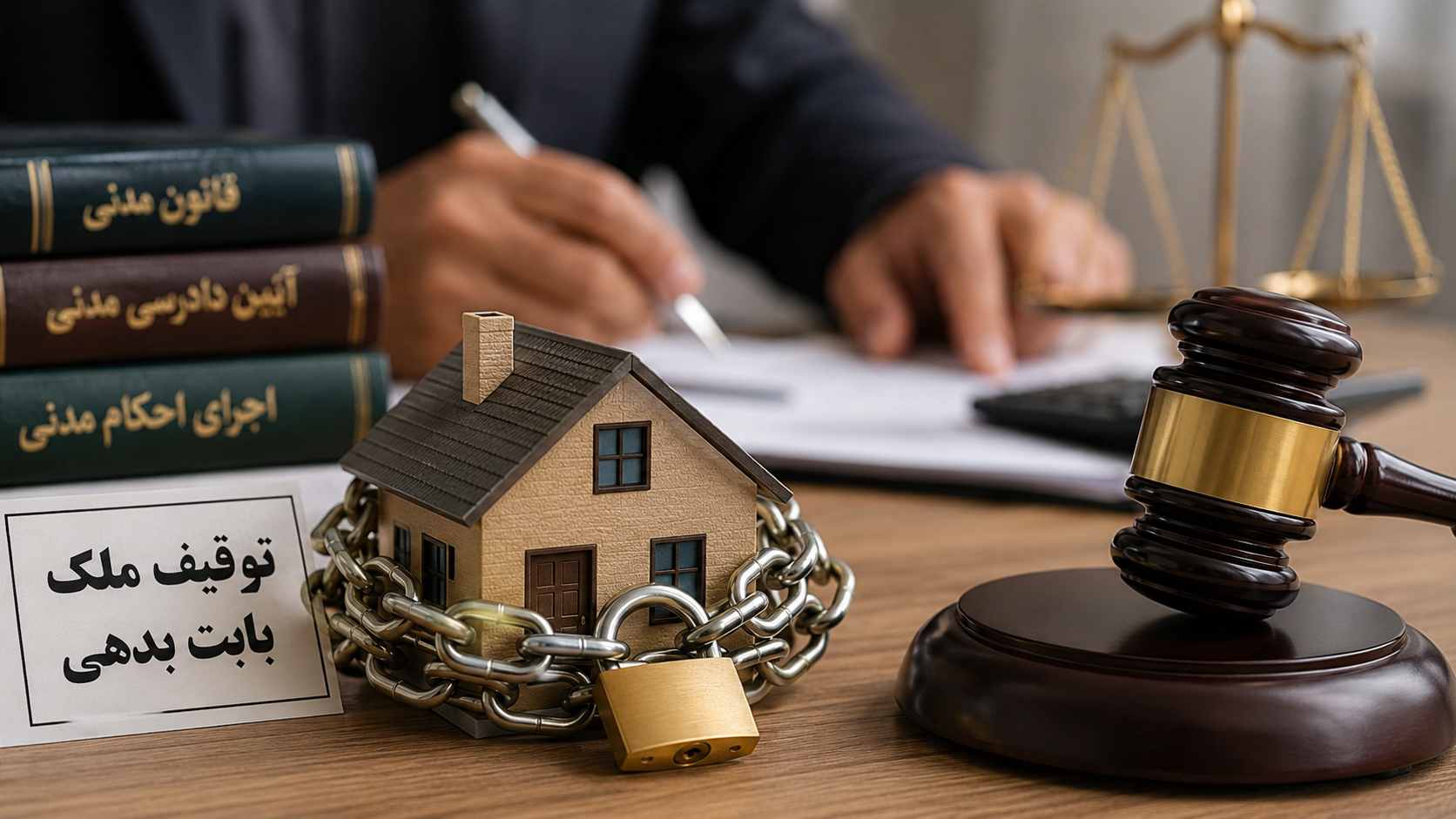 تصویر نمادین توقیف ملک بابت بدهی و اقدامات قانونی برای رفع توقیف